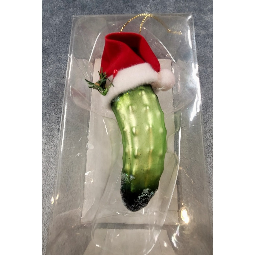 5.5" Christmas Pickle with Santa Hat Figurine Glass Food Ornament Pickleball
